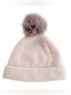 $165 White + Warren Cashmere Blend Fox Fur Pom Knit Beanie Light Blush one size